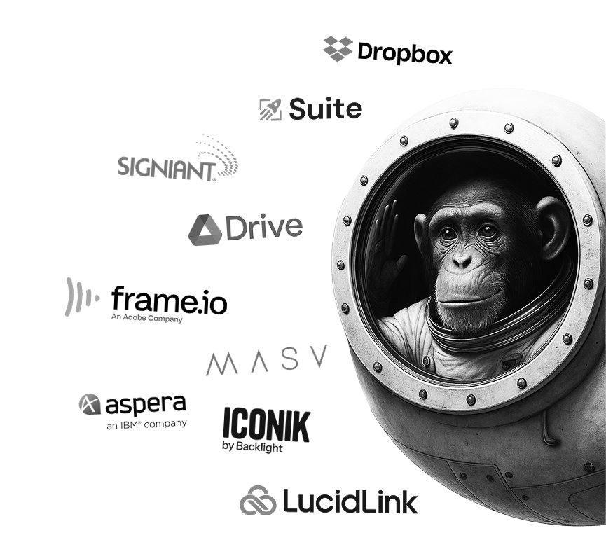 Black and white image of a chimpanzee in a vintage astronaut helmet with logos of media and file transfer companies like Dropbox, Suite, Signiant, Drive, Frame.io, MASV, Aspera, ICONIK, and LucidLink floating around it.